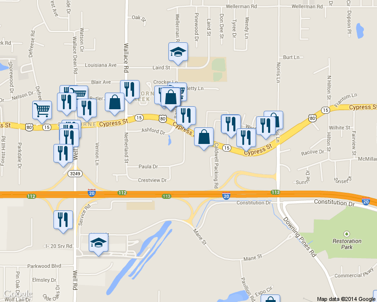 map of restaurants, bars, coffee shops, grocery stores, and more near 115 Paula Dr in West Monroe