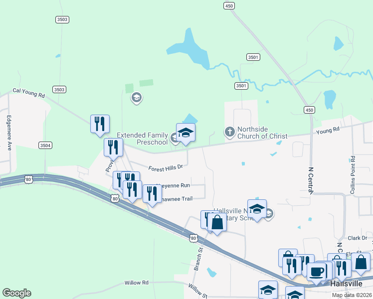 map of restaurants, bars, coffee shops, grocery stores, and more near 603 Cal Young Road in Hallsville