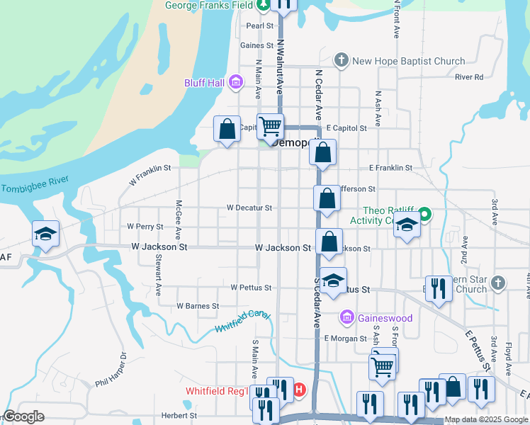 map of restaurants, bars, coffee shops, grocery stores, and more near 301 South Main Avenue in Demopolis