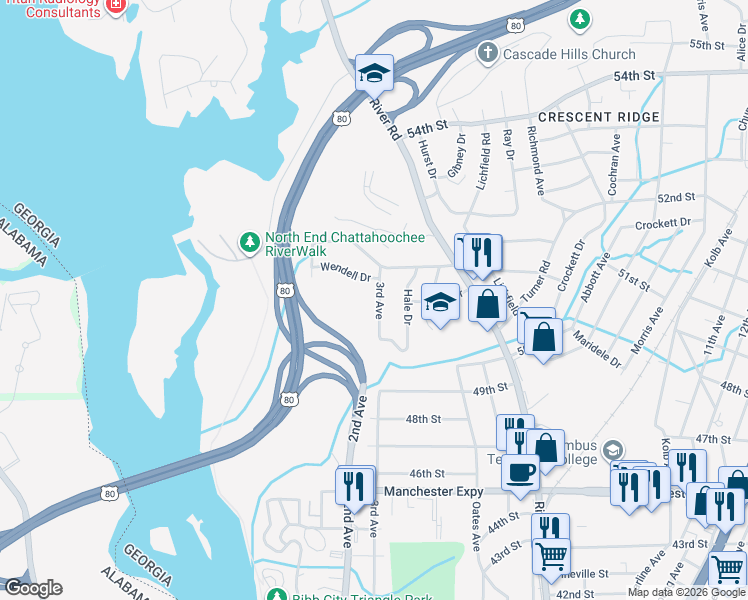 map of restaurants, bars, coffee shops, grocery stores, and more near 5069 3rd Avenue in Columbus