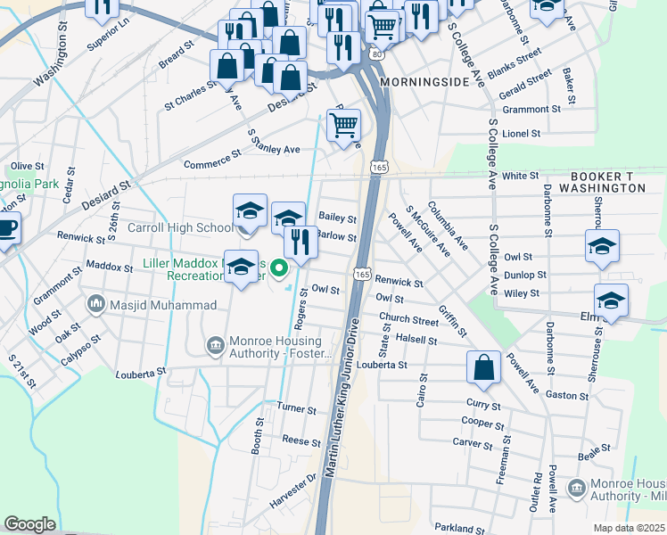 map of restaurants, bars, coffee shops, grocery stores, and more near 3017 Renwick St in Monroe