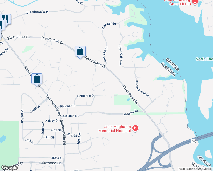 map of restaurants, bars, coffee shops, grocery stores, and more near 5001 Riverchase Drive in Phenix City