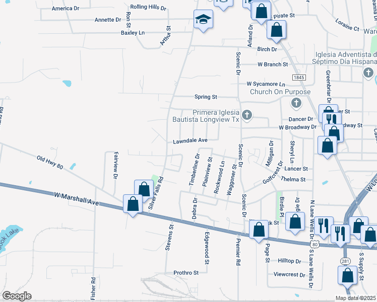 map of restaurants, bars, coffee shops, grocery stores, and more near 156 Jester Circle in Longview