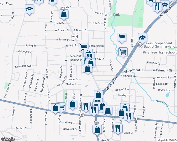 map of restaurants, bars, coffee shops, grocery stores, and more near 801 Pine Tree Road in Longview