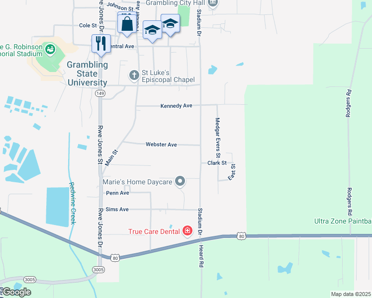 map of restaurants, bars, coffee shops, grocery stores, and more near 101-299 Webster Ave in Grambling