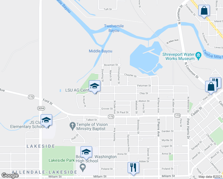 map of restaurants, bars, coffee shops, grocery stores, and more near 405 North Dale Avenue in Shreveport