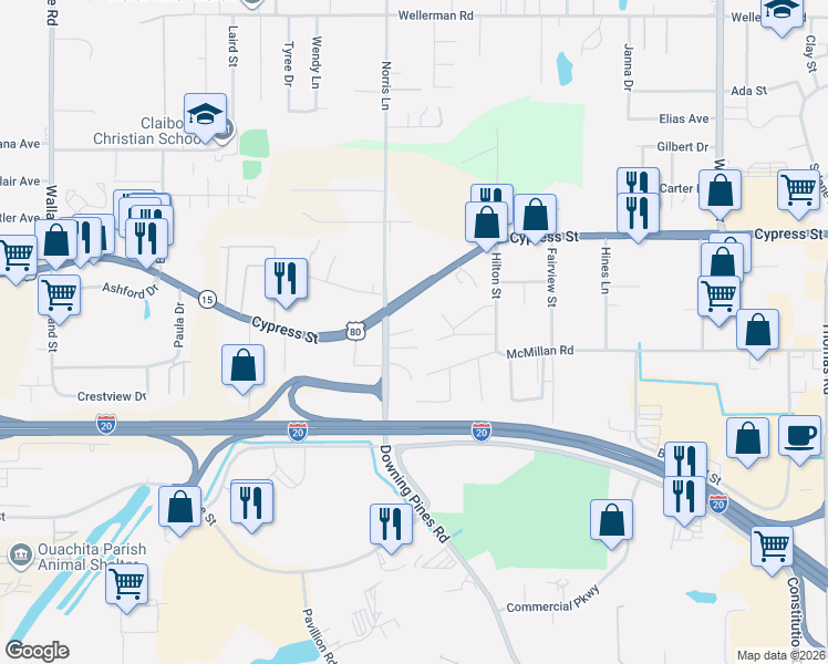 map of restaurants, bars, coffee shops, grocery stores, and more near 198 Newman Ln in West Monroe