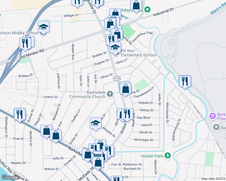 map of restaurants, bars, coffee shops, grocery stores, and more near 1600 Michael Circle in Bossier City