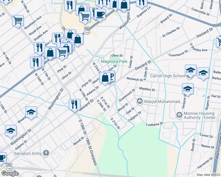 map of restaurants, bars, coffee shops, grocery stores, and more near 2300 Desiard Street in Monroe