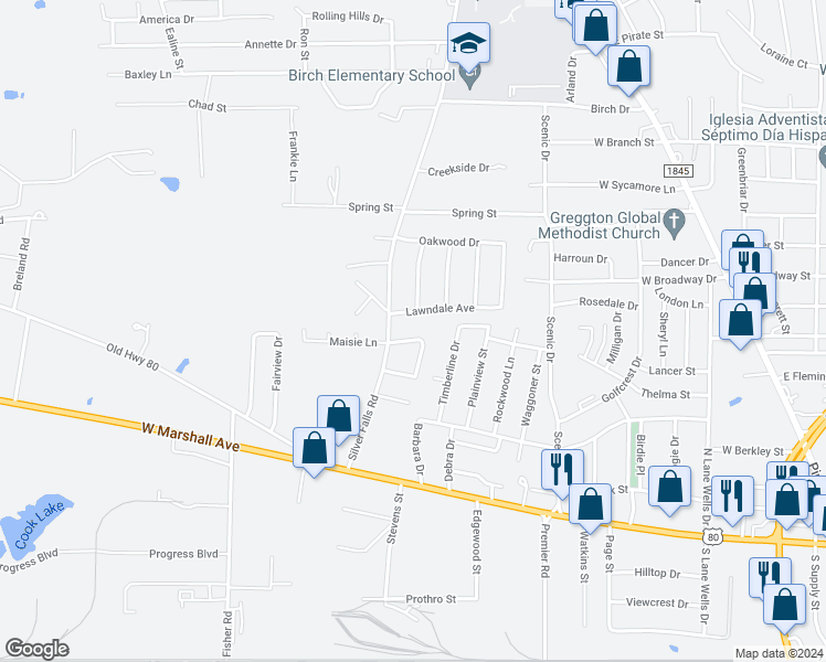 map of restaurants, bars, coffee shops, grocery stores, and more near 174 Jester Circle in Longview