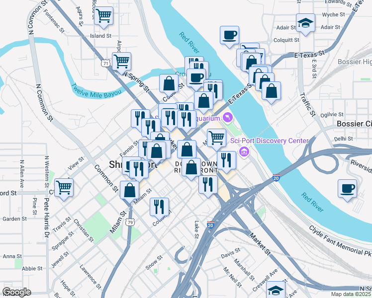 map of restaurants, bars, coffee shops, grocery stores, and more near 509 Market Street in Shreveport