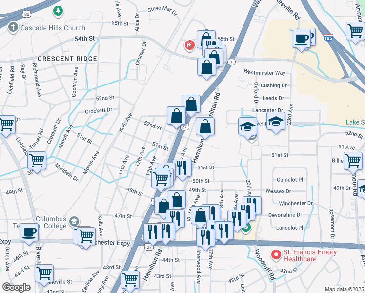 map of restaurants, bars, coffee shops, grocery stores, and more near 5101 15th Avenue in Columbus