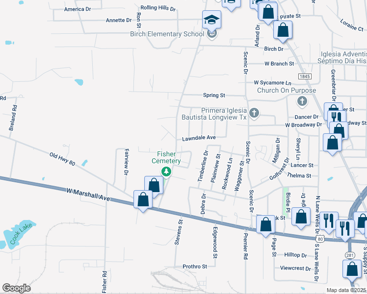 map of restaurants, bars, coffee shops, grocery stores, and more near 184 Jester Circle in Longview