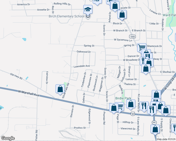 map of restaurants, bars, coffee shops, grocery stores, and more near 610 Timberline Drive in Longview