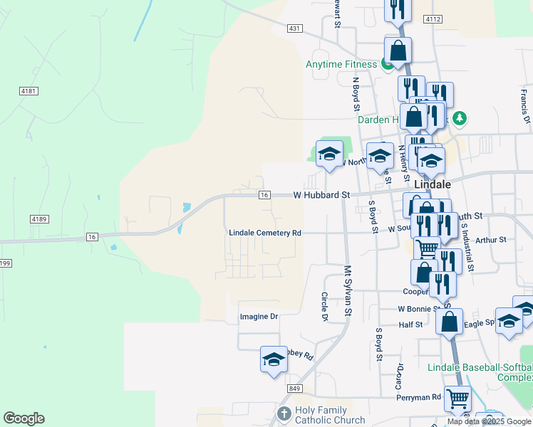 map of restaurants, bars, coffee shops, grocery stores, and more near 15317 Fm 16 West in Lindale