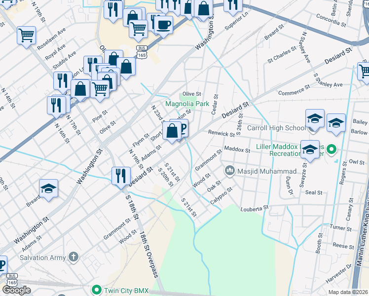 map of restaurants, bars, coffee shops, grocery stores, and more near 105 South 23rd Street in Monroe