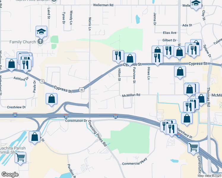 map of restaurants, bars, coffee shops, grocery stores, and more near 202 Racove Drive in West Monroe
