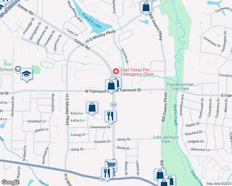 map of restaurants, bars, coffee shops, grocery stores, and more near 700 Gilmer Road in Longview