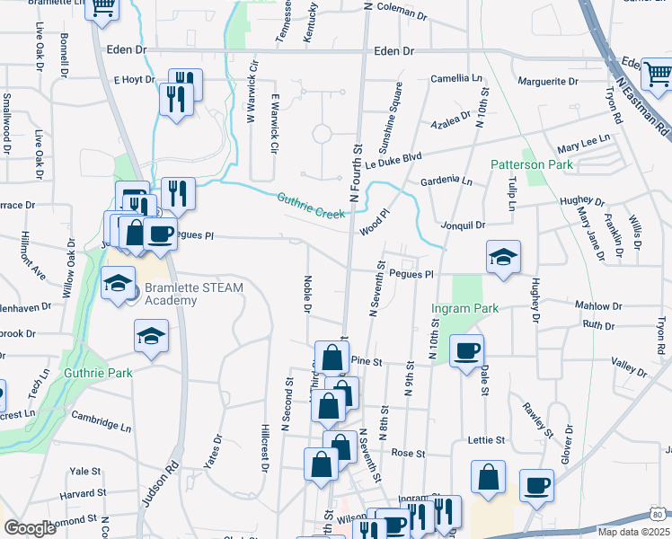 map of restaurants, bars, coffee shops, grocery stores, and more near 30 Pegues Place in Longview