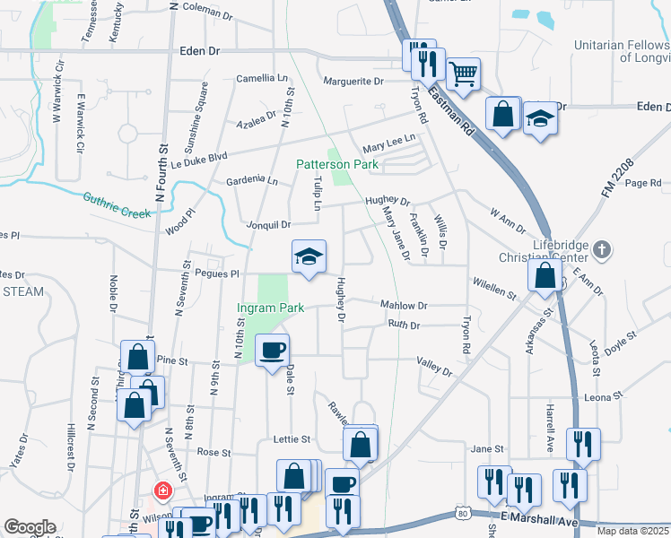 map of restaurants, bars, coffee shops, grocery stores, and more near 1619 Hughey Drive in Longview