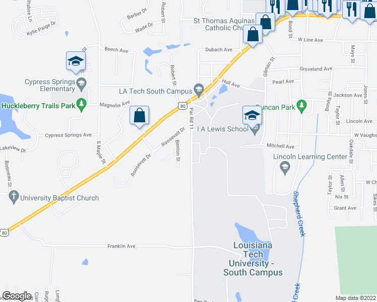 map of restaurants, bars, coffee shops, grocery stores, and more near 1408 Par Road 11 in Ruston