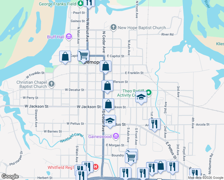 map of restaurants, bars, coffee shops, grocery stores, and more near 301 South Chestnut Street in Demopolis