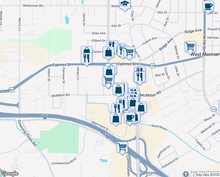 map of restaurants, bars, coffee shops, grocery stores, and more near 218 Bell Ln in West Monroe