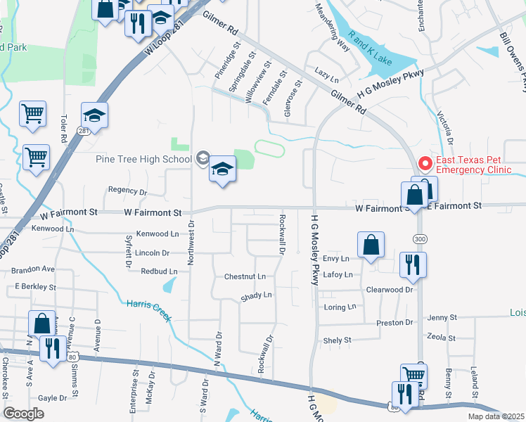 map of restaurants, bars, coffee shops, grocery stores, and more near 1201 Briarwood Lane in Longview