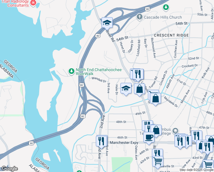 map of restaurants, bars, coffee shops, grocery stores, and more near 5075 3rd Avenue in Columbus
