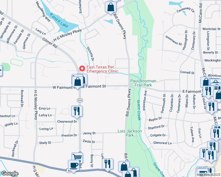map of restaurants, bars, coffee shops, grocery stores, and more near 1500 East Fairmont Street in Longview