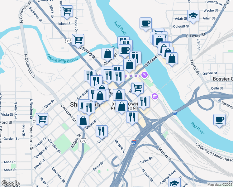 map of restaurants, bars, coffee shops, grocery stores, and more near 509 Market Street in Shreveport