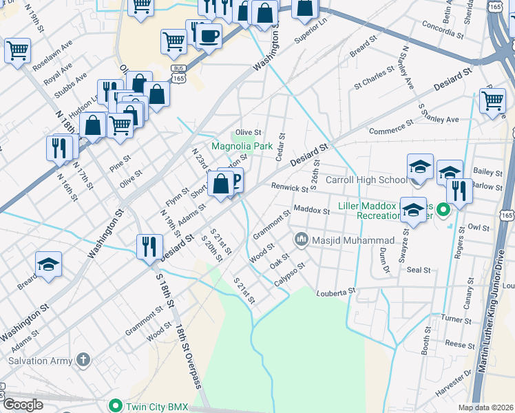 map of restaurants, bars, coffee shops, grocery stores, and more near 2407 Grammont St in Monroe