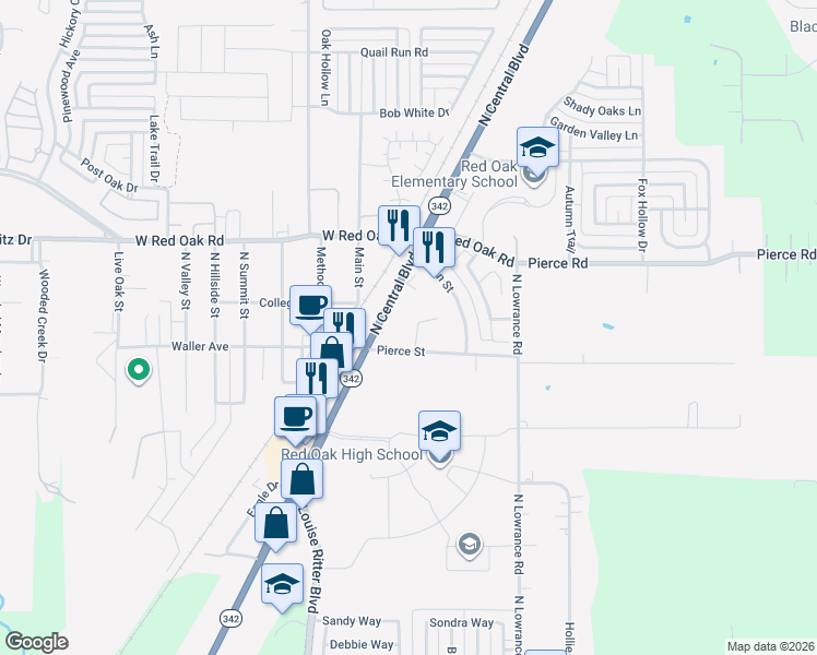 map of restaurants, bars, coffee shops, grocery stores, and more near 205 Pierce Rd in Red Oak