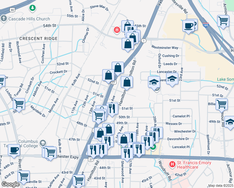 map of restaurants, bars, coffee shops, grocery stores, and more near 5101 15th Avenue in Columbus