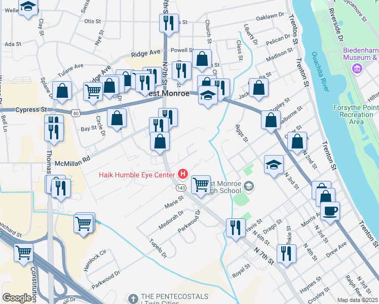 map of restaurants, bars, coffee shops, grocery stores, and more near 109 Regency Place in West Monroe