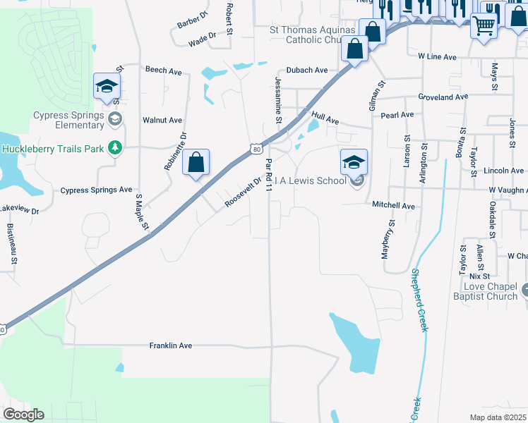 map of restaurants, bars, coffee shops, grocery stores, and more near 1408 Par Road 11 in Ruston