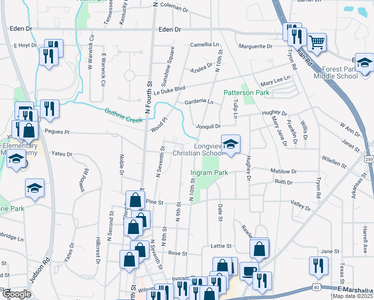 map of restaurants, bars, coffee shops, grocery stores, and more near 1111 Pegues Place in Longview