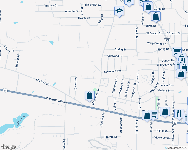 map of restaurants, bars, coffee shops, grocery stores, and more near 604 Lauren Court in Longview