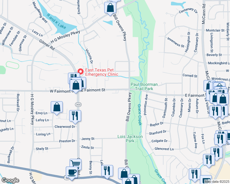 map of restaurants, bars, coffee shops, grocery stores, and more near 1500 East Fairmont Street in Longview