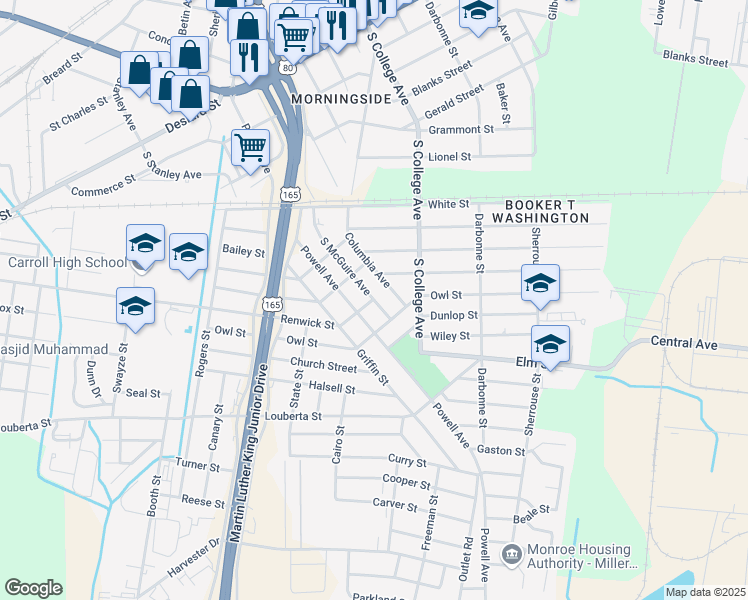 map of restaurants, bars, coffee shops, grocery stores, and more near 1202 South McGuire Avenue in Monroe