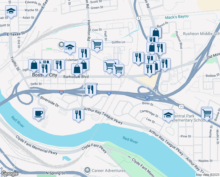 map of restaurants, bars, coffee shops, grocery stores, and more near 127 Westerfield Street in Bossier City