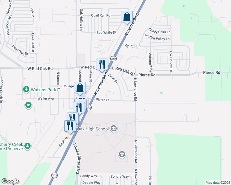 map of restaurants, bars, coffee shops, grocery stores, and more near 125 Dunn Street in Red Oak