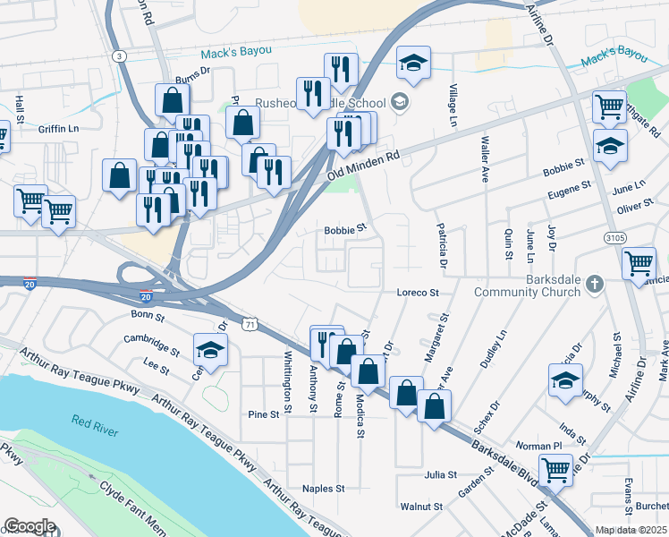 map of restaurants, bars, coffee shops, grocery stores, and more near 204 Saint Louis Avenue in Bossier City