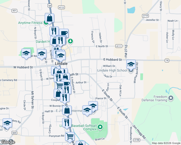 map of restaurants, bars, coffee shops, grocery stores, and more near 500 East South Street in Lindale