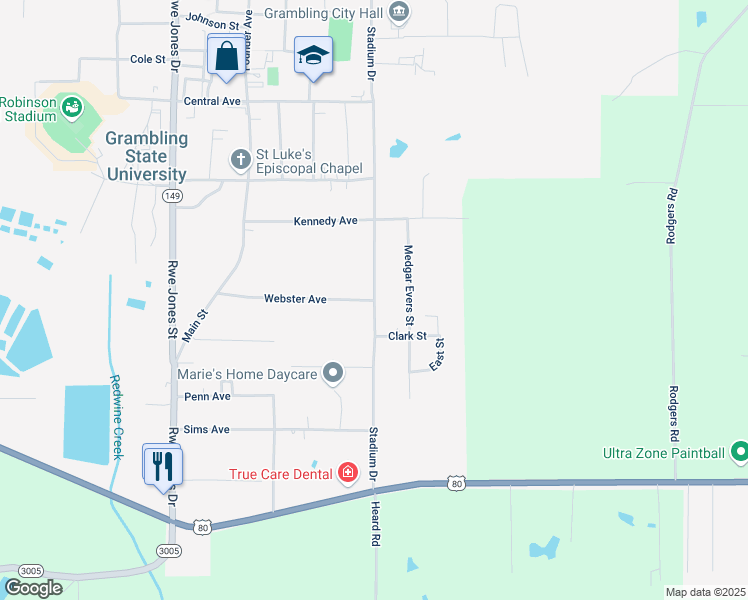 map of restaurants, bars, coffee shops, grocery stores, and more near 299 Webster Avenue in Grambling