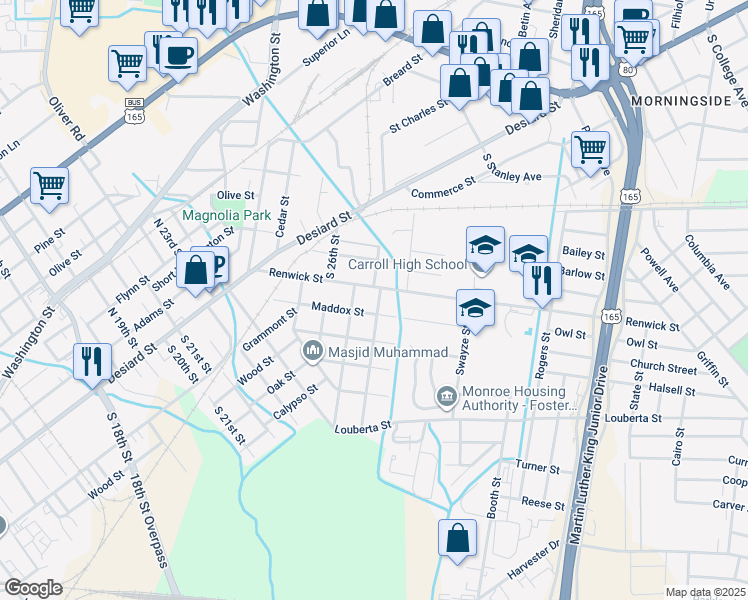 map of restaurants, bars, coffee shops, grocery stores, and more near 2707 Maddox Street in Monroe