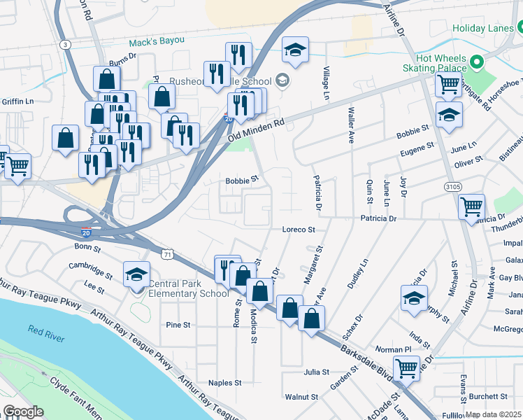 map of restaurants, bars, coffee shops, grocery stores, and more near 118 Carriage Square Drive in Bossier City