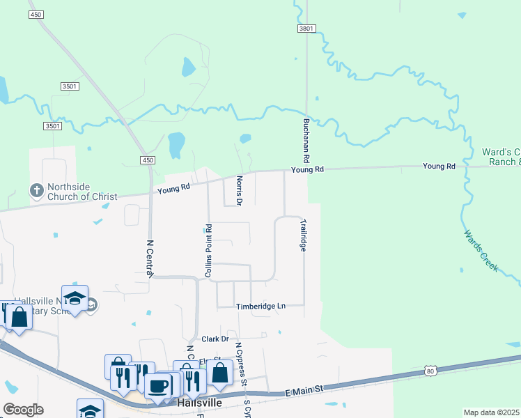 map of restaurants, bars, coffee shops, grocery stores, and more near 219 Longmont Street in Hallsville