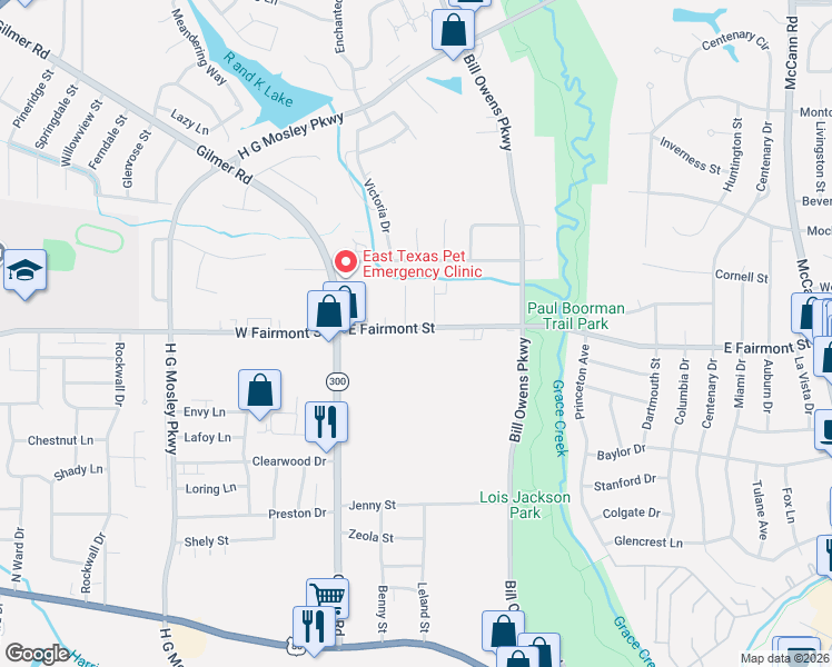 map of restaurants, bars, coffee shops, grocery stores, and more near 614 Gilmer Road in Longview