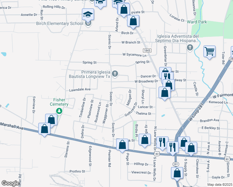 map of restaurants, bars, coffee shops, grocery stores, and more near 105 Thelma Ct in Longview